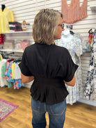 Black Top with Gold Button Up Detailing and Pintuck Waist - A'Bekah's Boutique