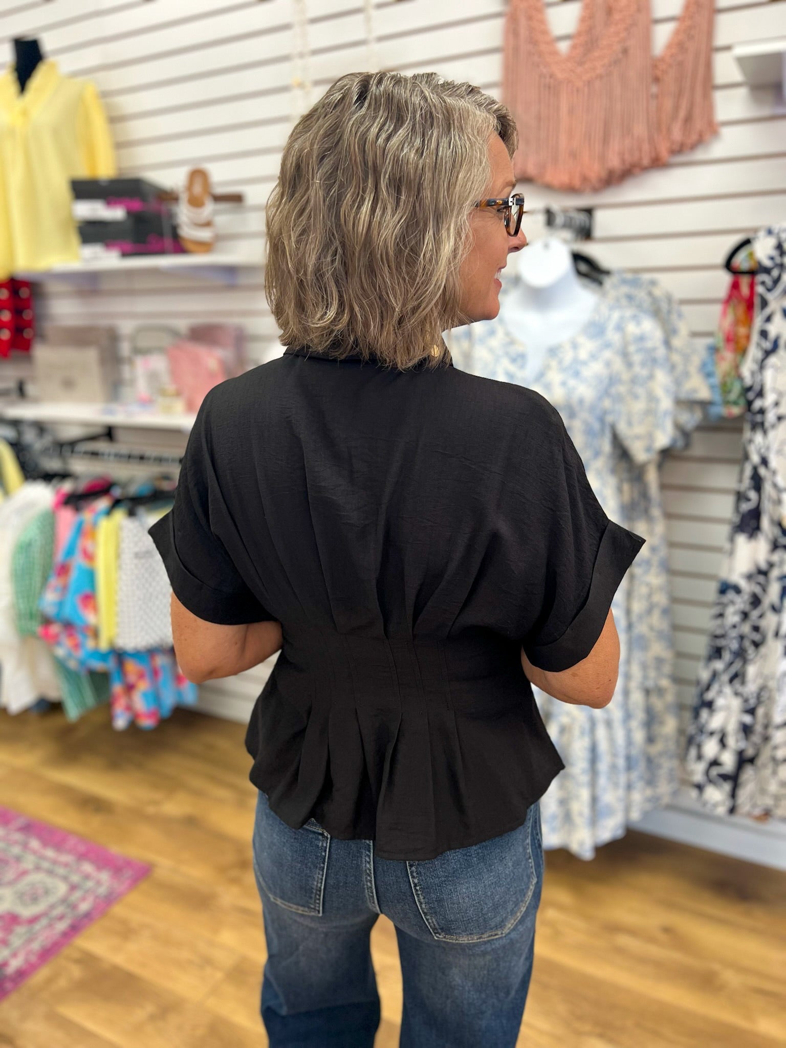 Black Top with Gold Button Up Detailing and Pintuck Waist - A'Bekah's Boutique