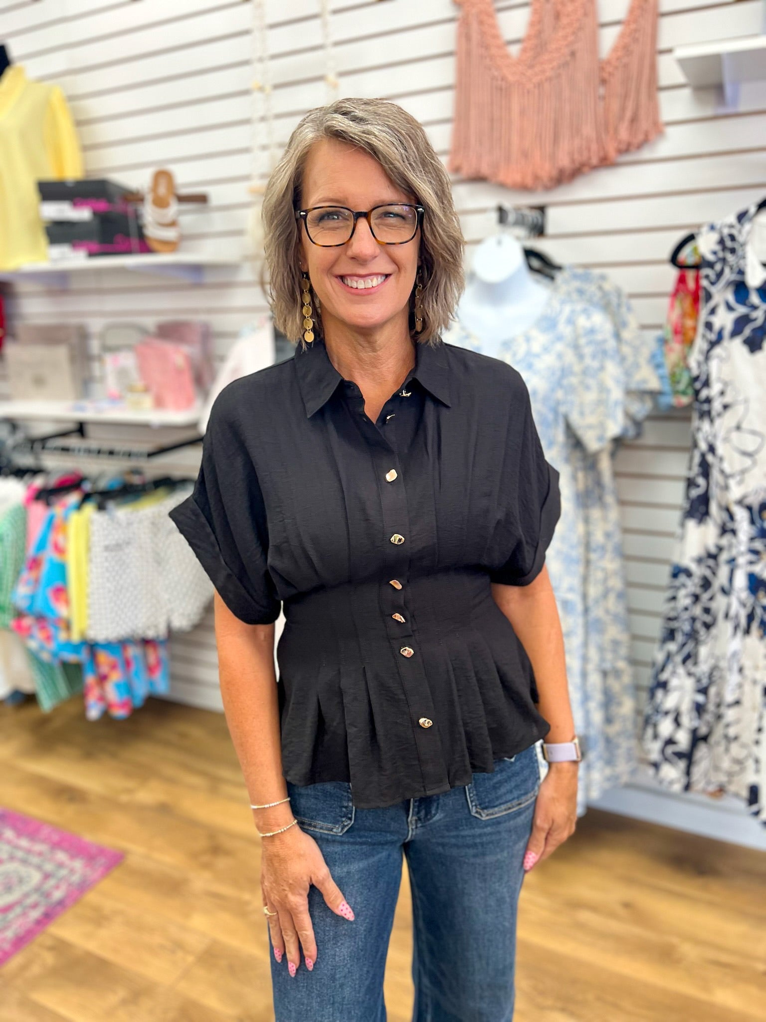 Black Top with Gold Button Up Detailing and Pintuck Waist - A'Bekah's Boutique