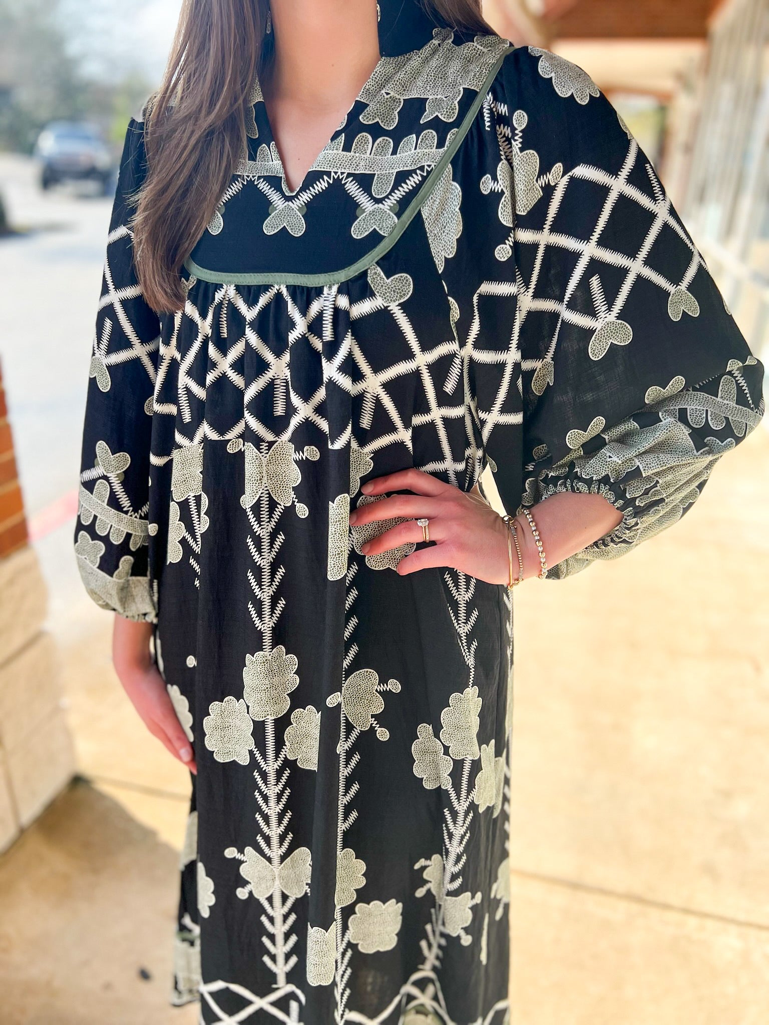 Black Tribal Print Midi Dress with Contrast Piping - A'Bekah's Boutique