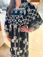 Black Tribal Print Midi Dress with Contrast Piping - A'Bekah's Boutique