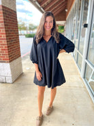 Black V - Neck 3/4 Bubble Sleeve Dress with Scalloped Hem (R) - A'Bekah's Boutique