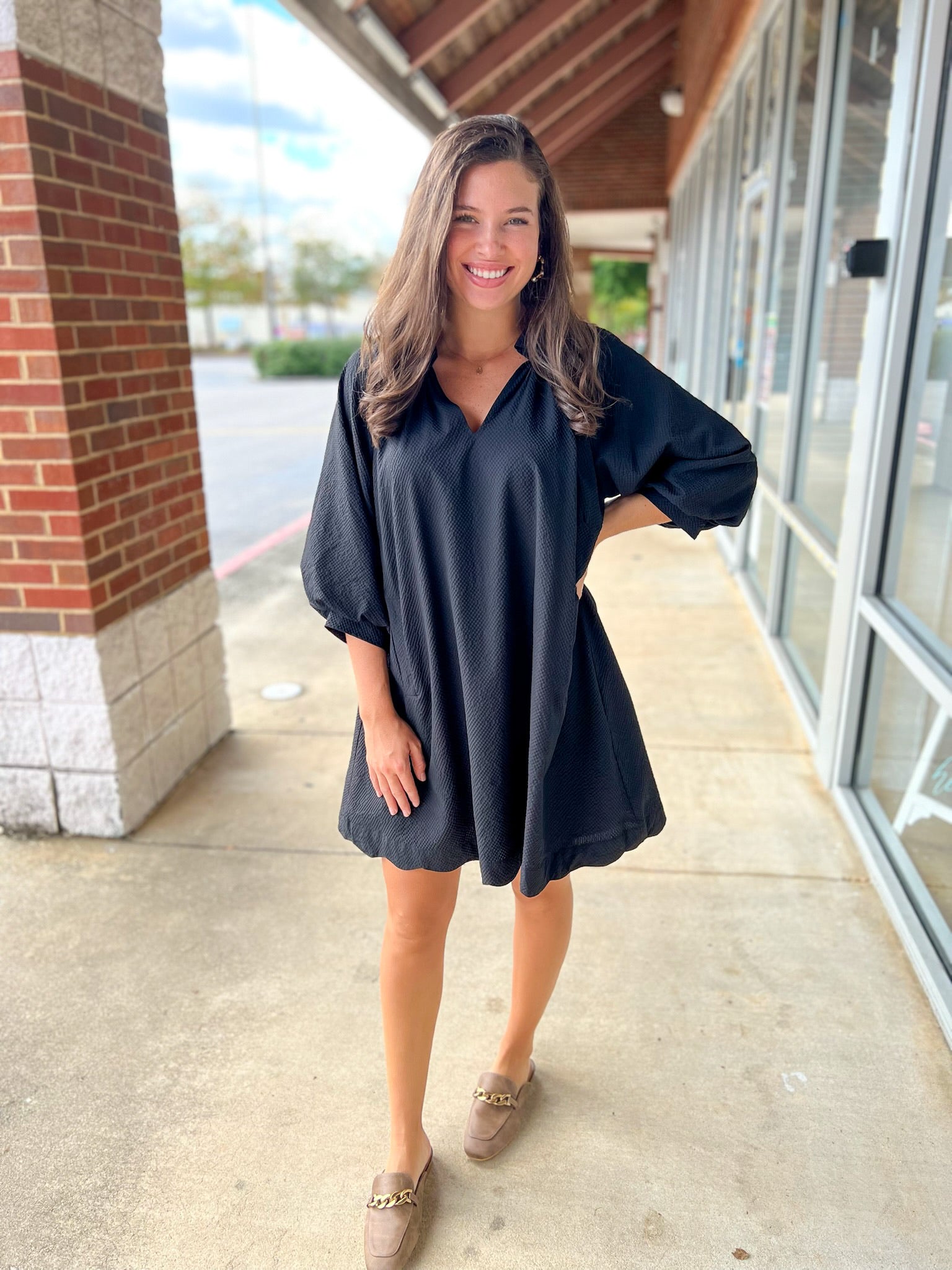 Black V - Neck 3/4 Bubble Sleeve Dress with Scalloped Hem (R) - A'Bekah's Boutique