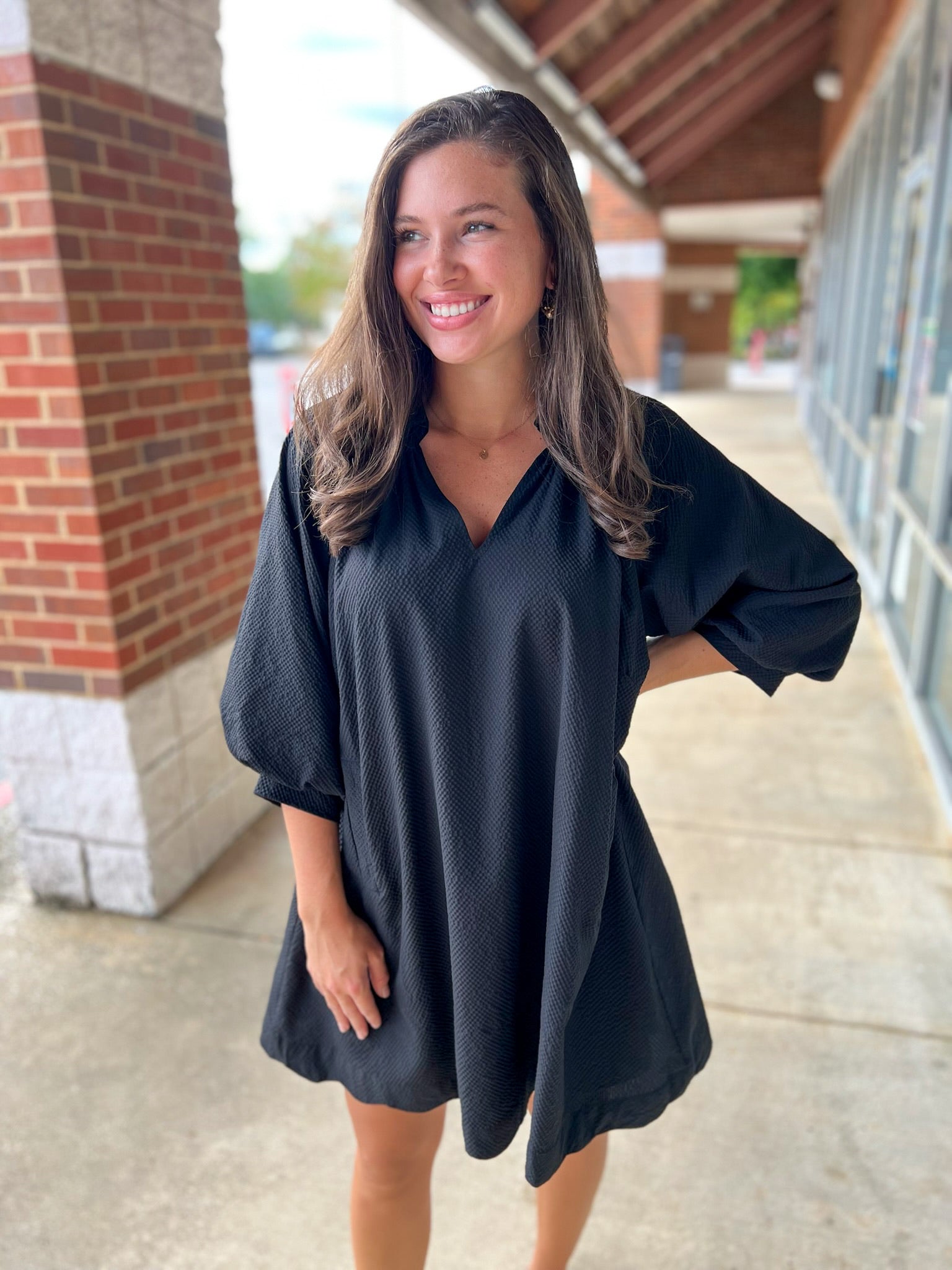 Black V - Neck 3/4 Bubble Sleeve Dress with Scalloped Hem (R) - A'Bekah's Boutique