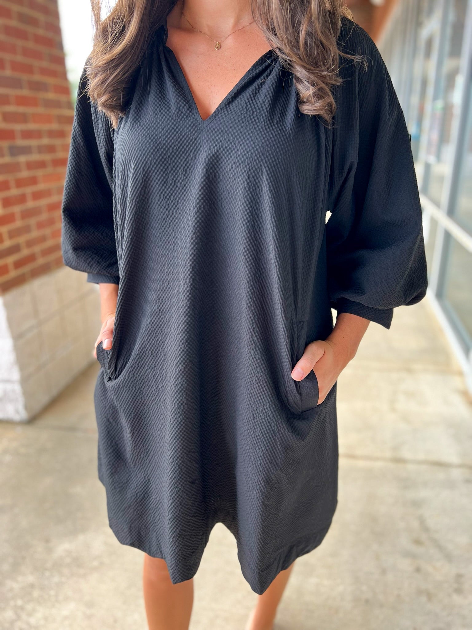 Black V - Neck 3/4 Bubble Sleeve Dress with Scalloped Hem (R) - A'Bekah's Boutique