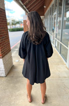Black V - Neck 3/4 Bubble Sleeve Dress with Scalloped Hem (R) - A'Bekah's Boutique