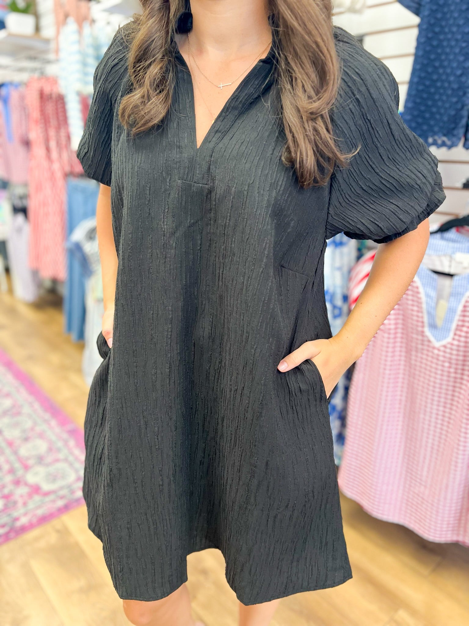 Black V-Neck Dress with Short Puff Sleeves - A'Bekah's Boutique