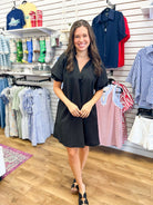 Black V-Neck Dress with Short Puff Sleeves - A'Bekah's Boutique