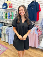 Black V-Neck Dress with Short Puff Sleeves - A'Bekah's Boutique