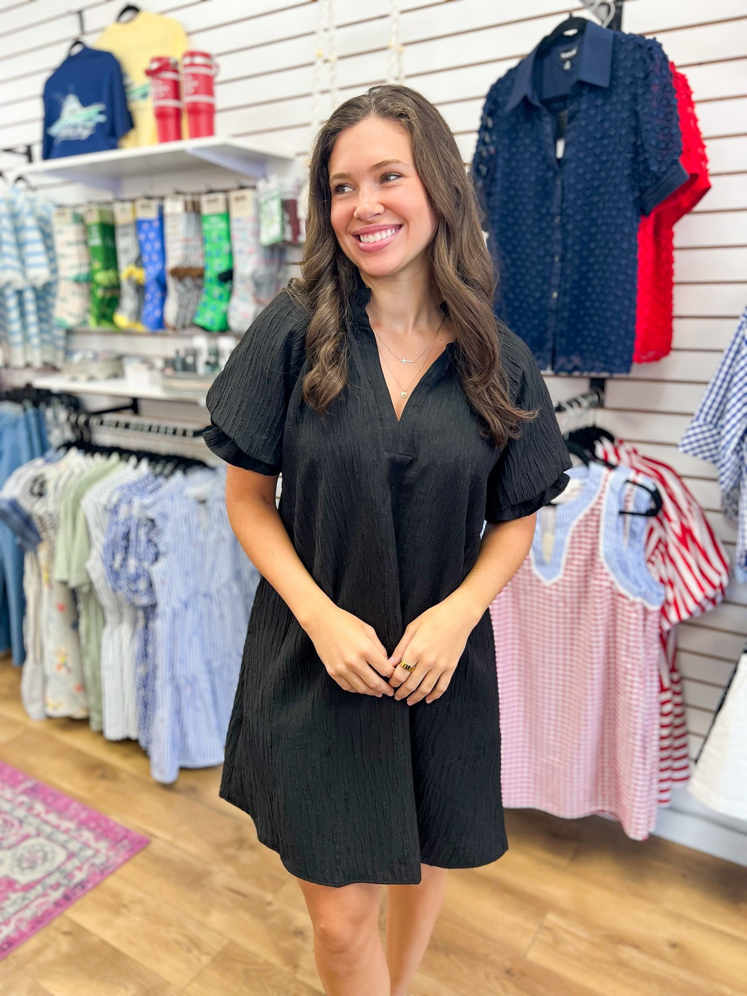 Black V-Neck Dress with Short Puff Sleeves - A'Bekah's Boutique