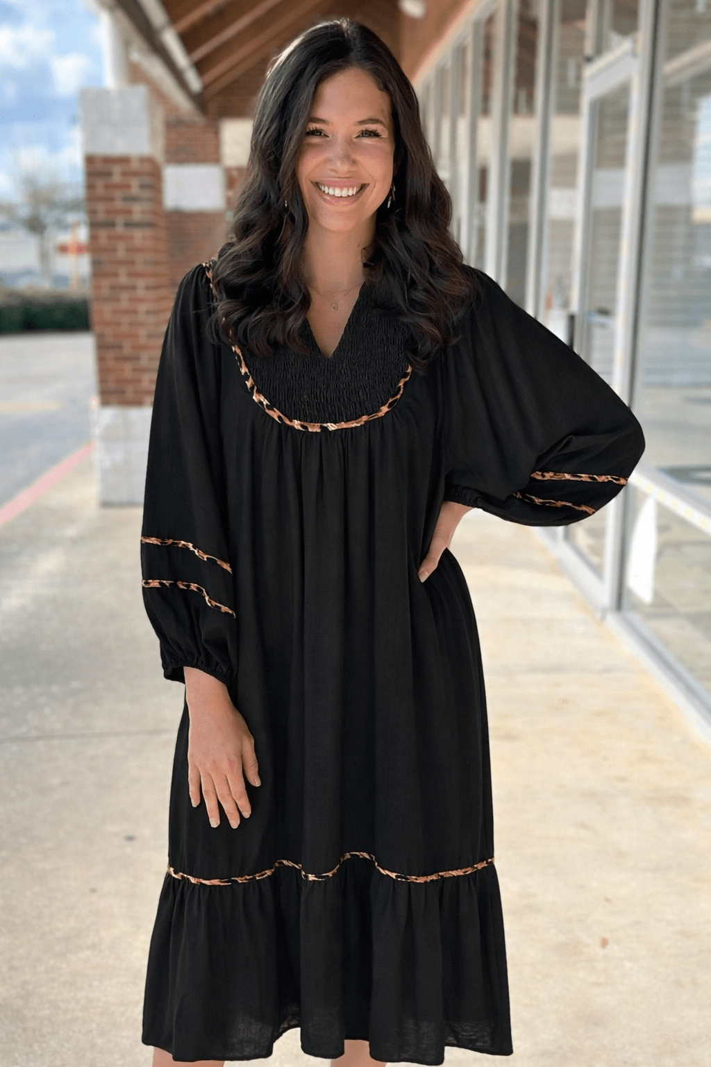 Black V - Neck Midi Dress with Contrast Animal Print Piping - A'Bekah's Boutique
