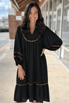 Black V - Neck Midi Dress with Contrast Animal Print Piping - A'Bekah's Boutique