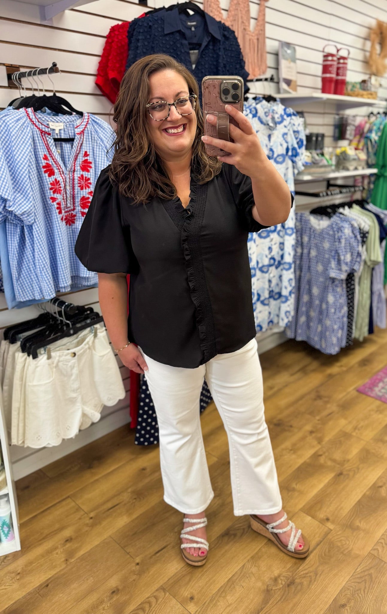 Black V-Neck Ruffle Trim Top with Short Puff Sleeves - A'Bekah's Boutique