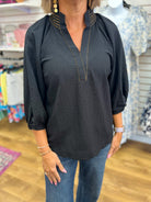 Black V-Neck Top with 3/4 Balloon Sleeves - A'Bekah's Boutique