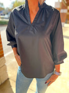 Black V - Neck Top with 3/4 Sleeves with Buttoned Cuffs - A'Bekah's Boutique