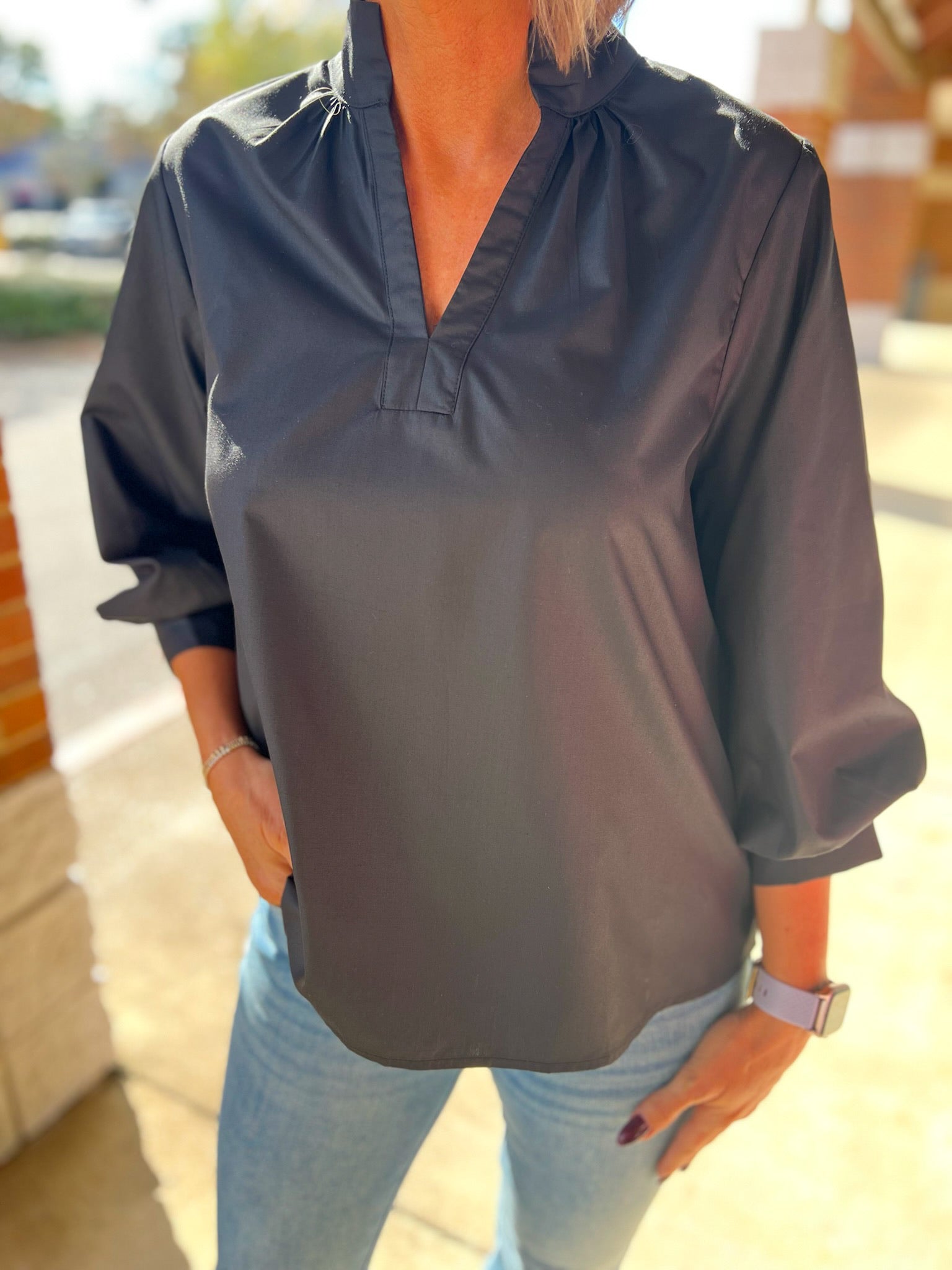 Black V - Neck Top with 3/4 Sleeves with Buttoned Cuffs - A'Bekah's Boutique