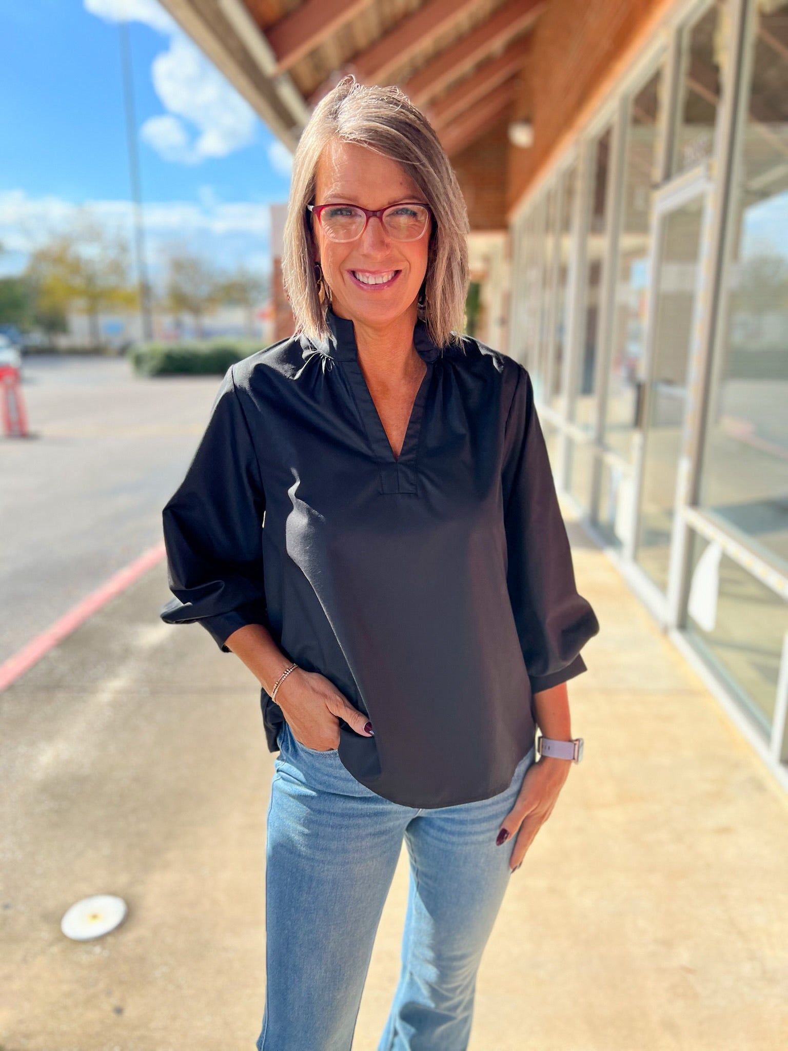 Black V - Neck Top with 3/4 Sleeves with Buttoned Cuffs - A'Bekah's Boutique