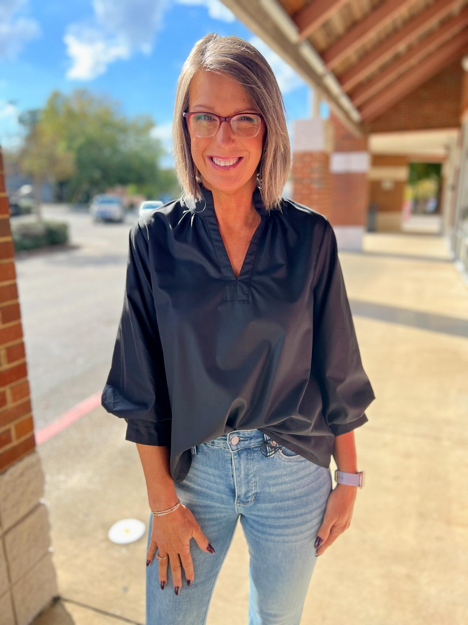 Black V - Neck Top with 3/4 Sleeves with Buttoned Cuffs - A'Bekah's Boutique