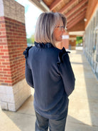 Black V - Neck Top with Ruffle Shoulder Detail - A'Bekah's Boutique