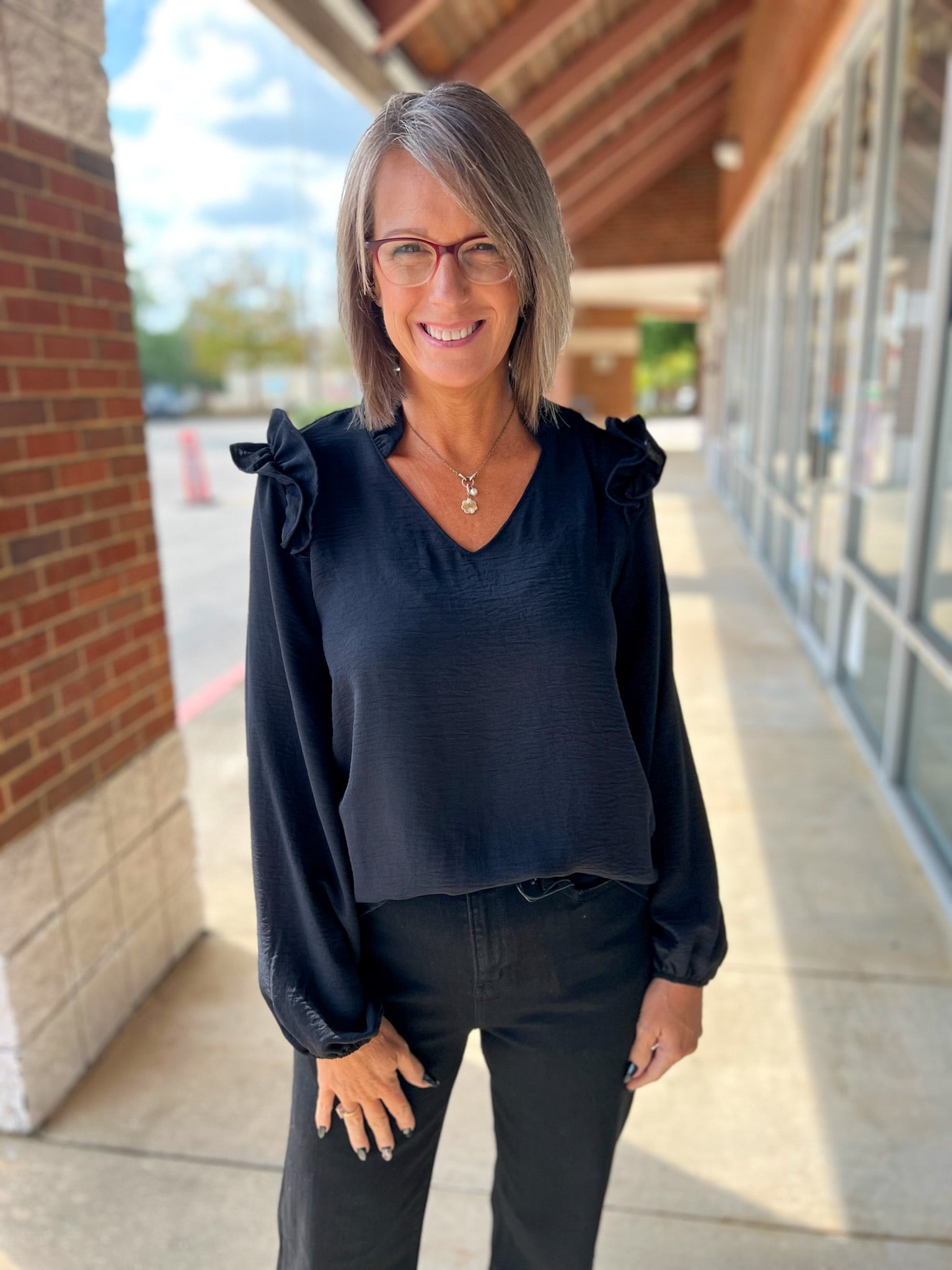 Black V - Neck Top with Ruffle Shoulder Detail - A'Bekah's Boutique