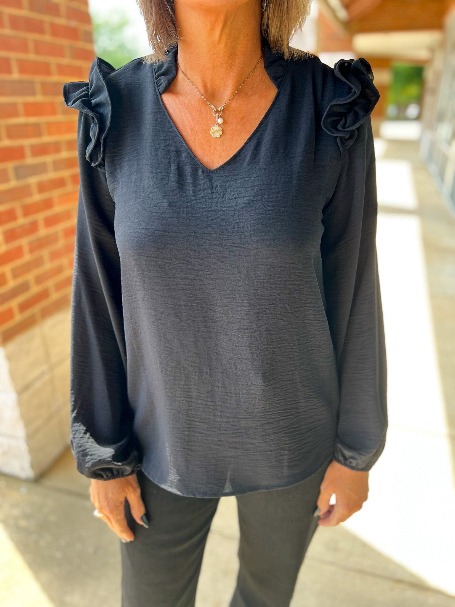 Black V - Neck Top with Ruffle Shoulder Detail - A'Bekah's Boutique