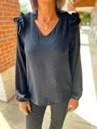 Black V - Neck Top with Ruffle Shoulder Detail - A'Bekah's Boutique