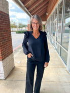 Black V - Neck Top with Ruffle Shoulder Detail - A'Bekah's Boutique