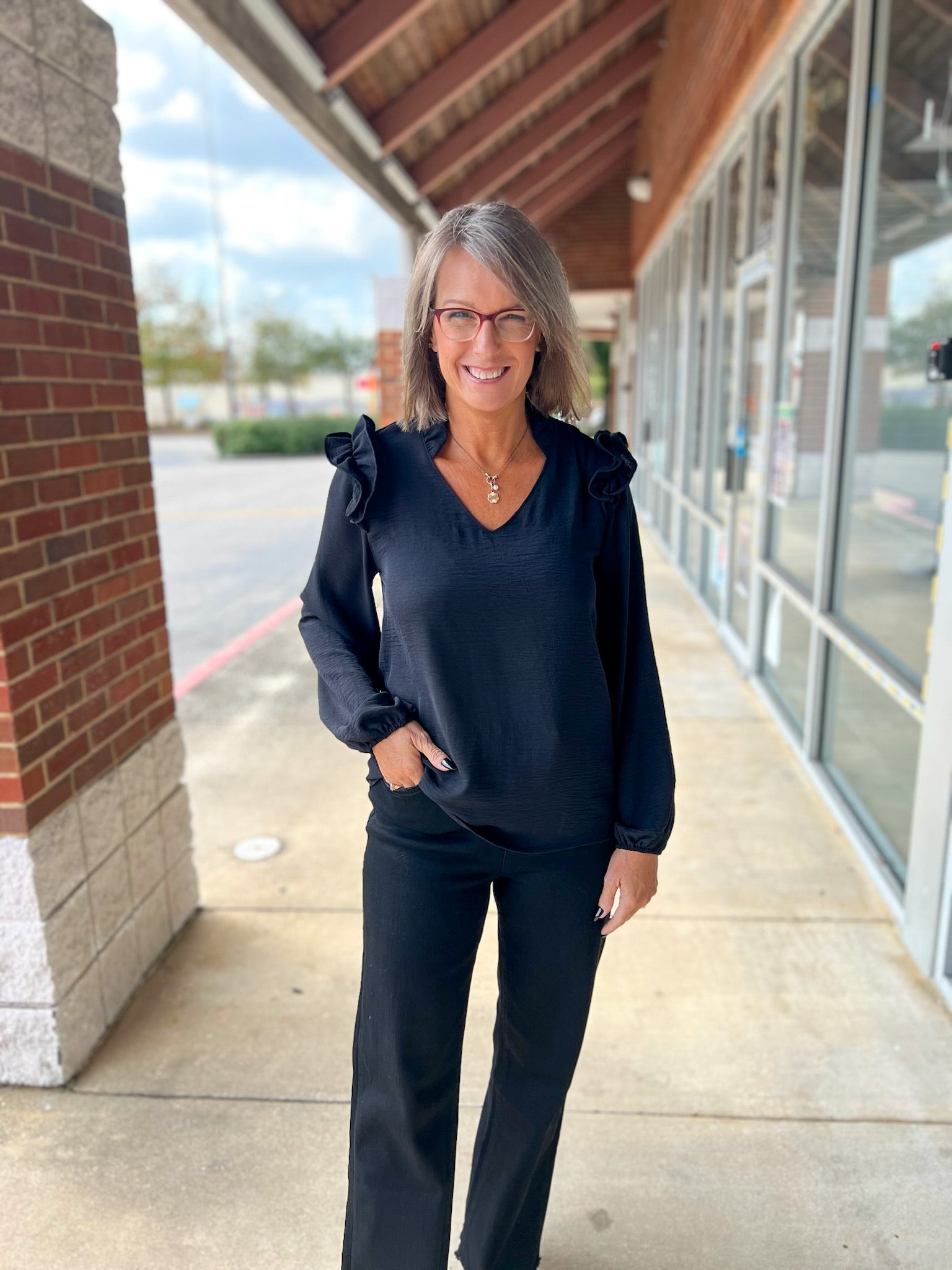 Black V - Neck Top with Ruffle Shoulder Detail - A'Bekah's Boutique