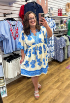 Blue Abstract Print Dress with Lace Details - A'Bekah's Boutique