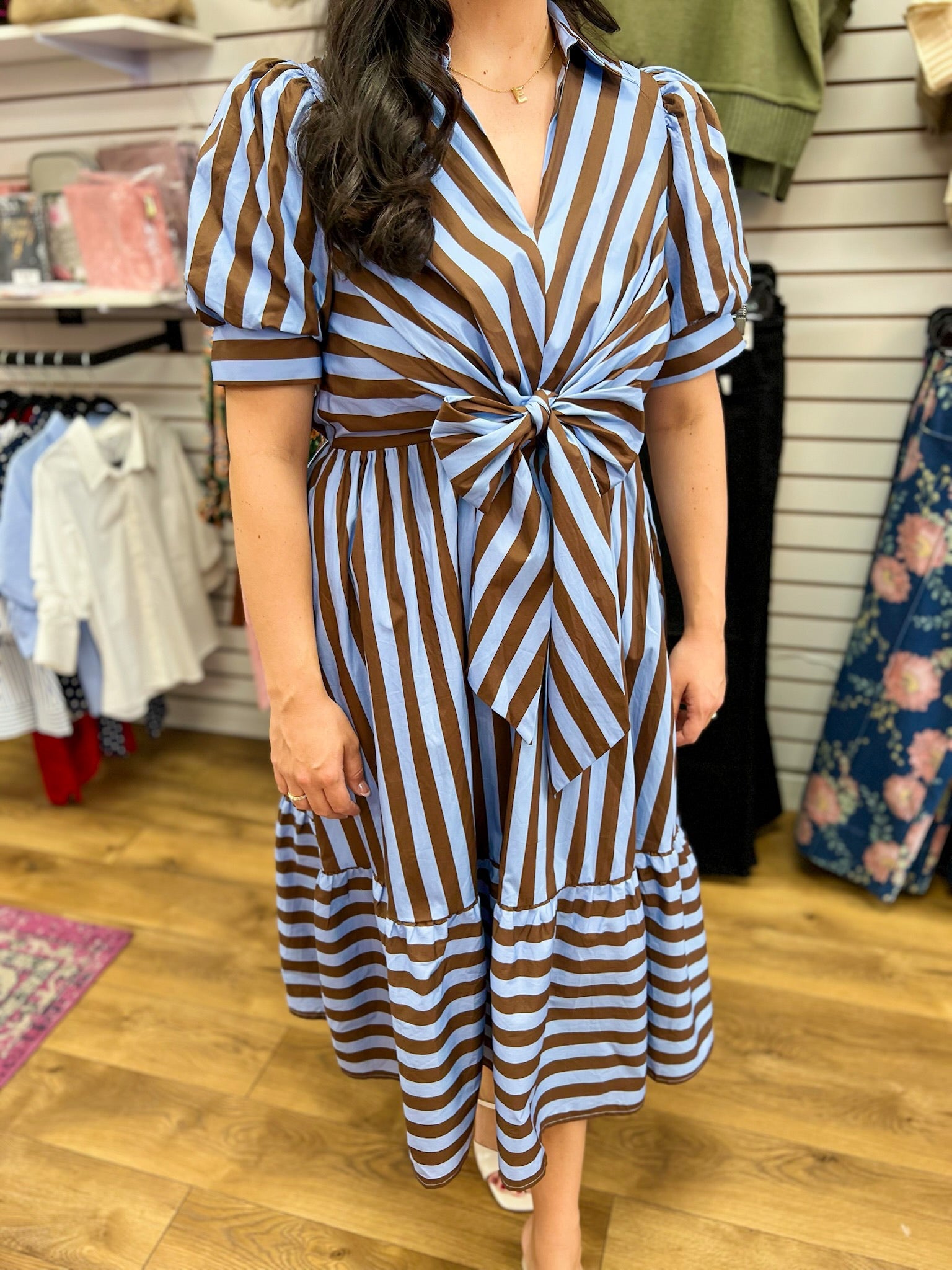 Blue and Brown Striped Midi Dress with Front Tie Waist - A'Bekah's Boutique
