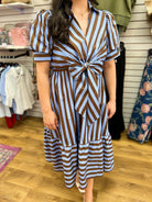 Blue and Brown Striped Midi Dress with Front Tie Waist - A'Bekah's Boutique