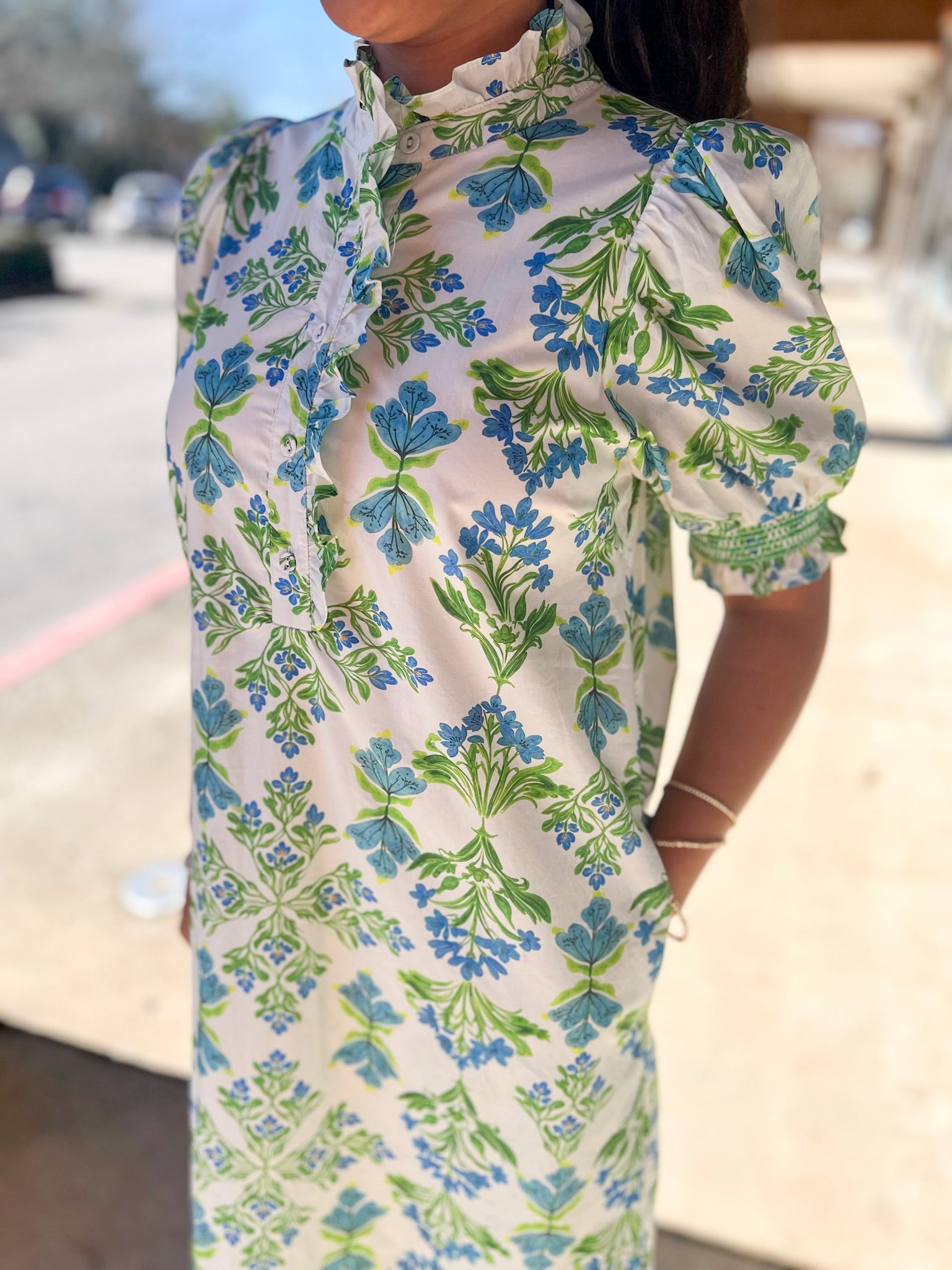 Blue and Green Botanical Midi Dress with Short Puff Sleeves - A'Bekah's Boutique