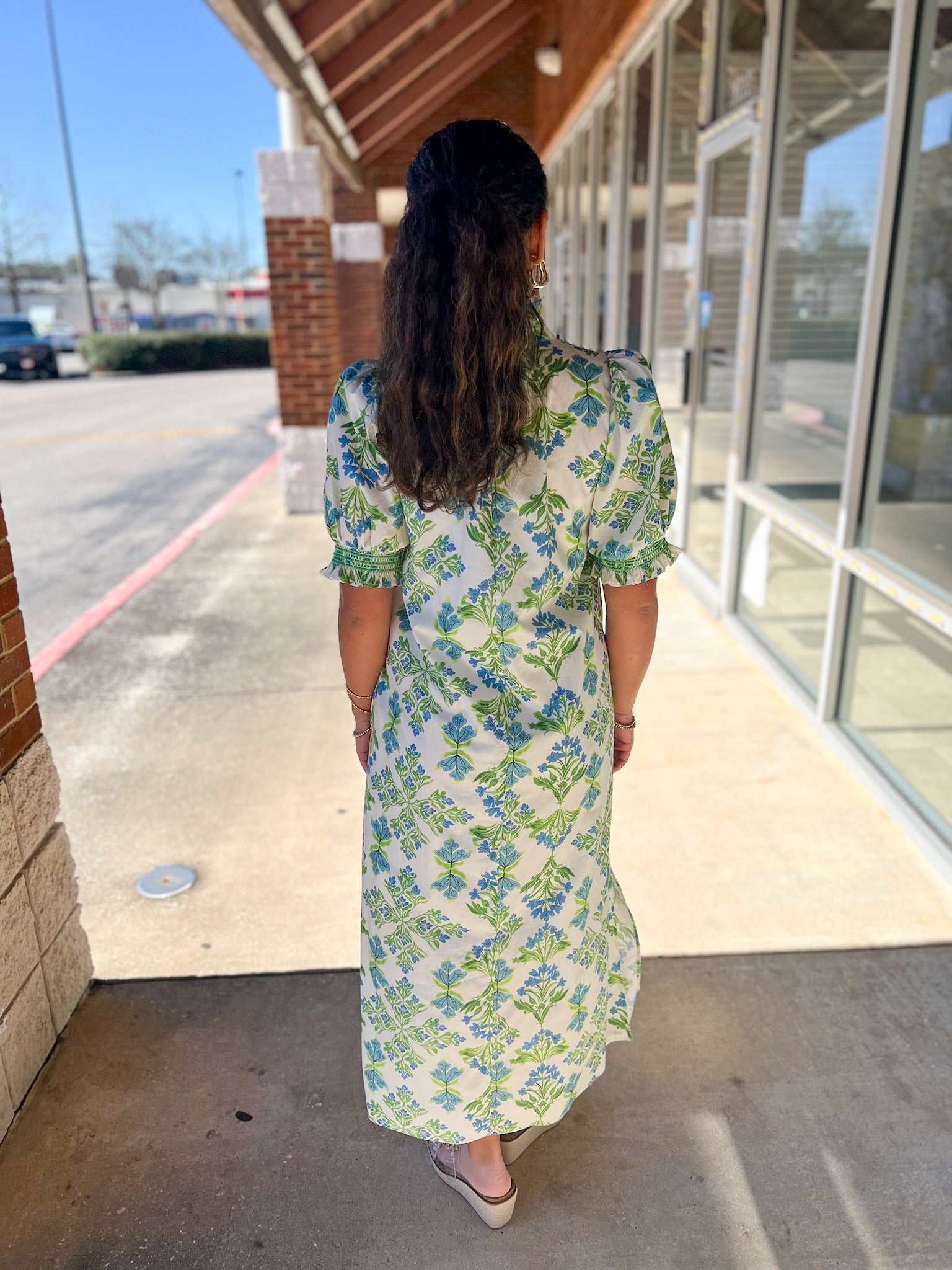 Blue and Green Botanical Midi Dress with Short Puff Sleeves - A'Bekah's Boutique