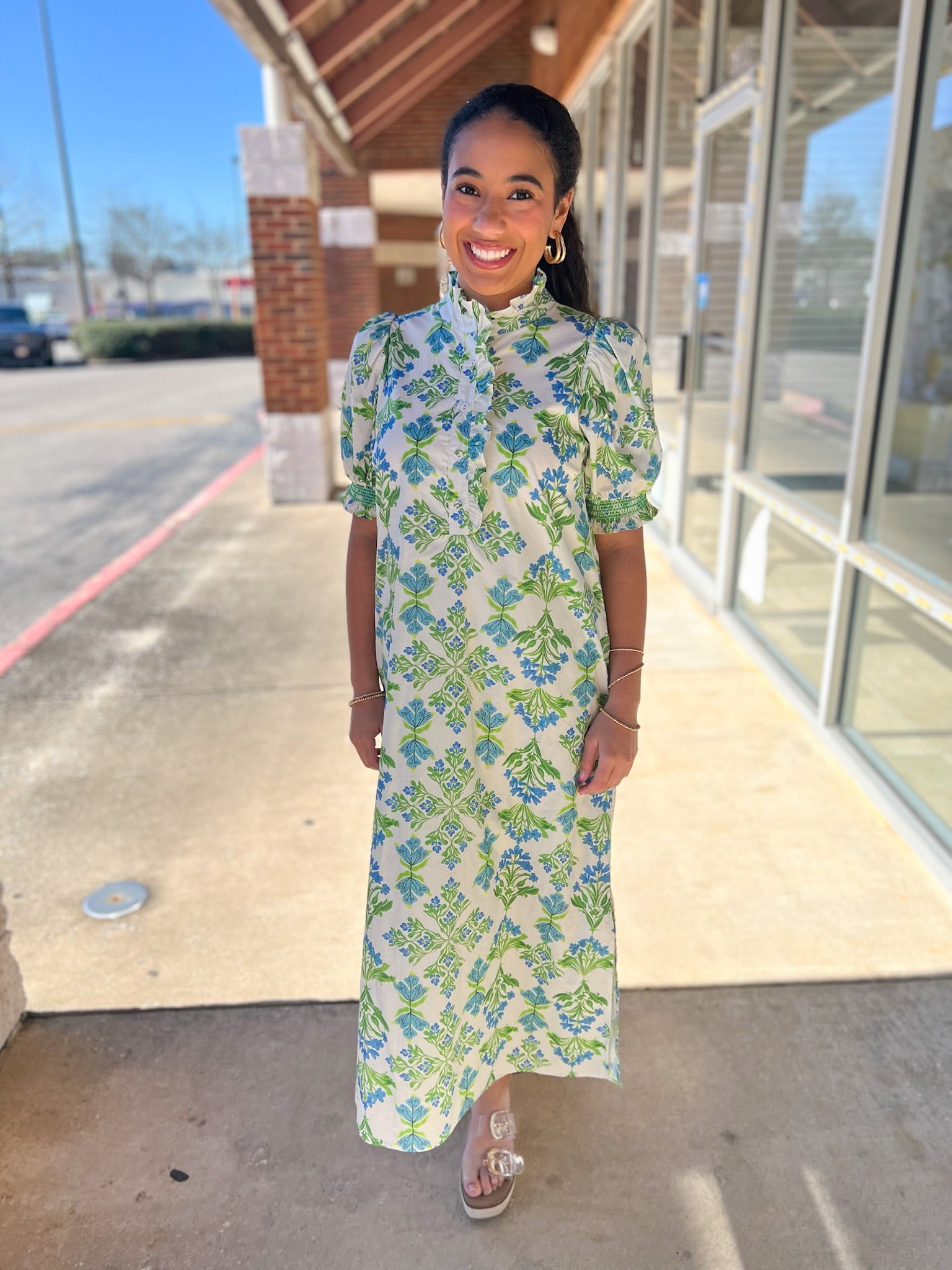 Blue and Green Botanical Midi Dress with Short Puff Sleeves - A'Bekah's Boutique