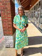 Blue and Green Floral Short Sleeve Midi Dress - A'Bekah's Boutique