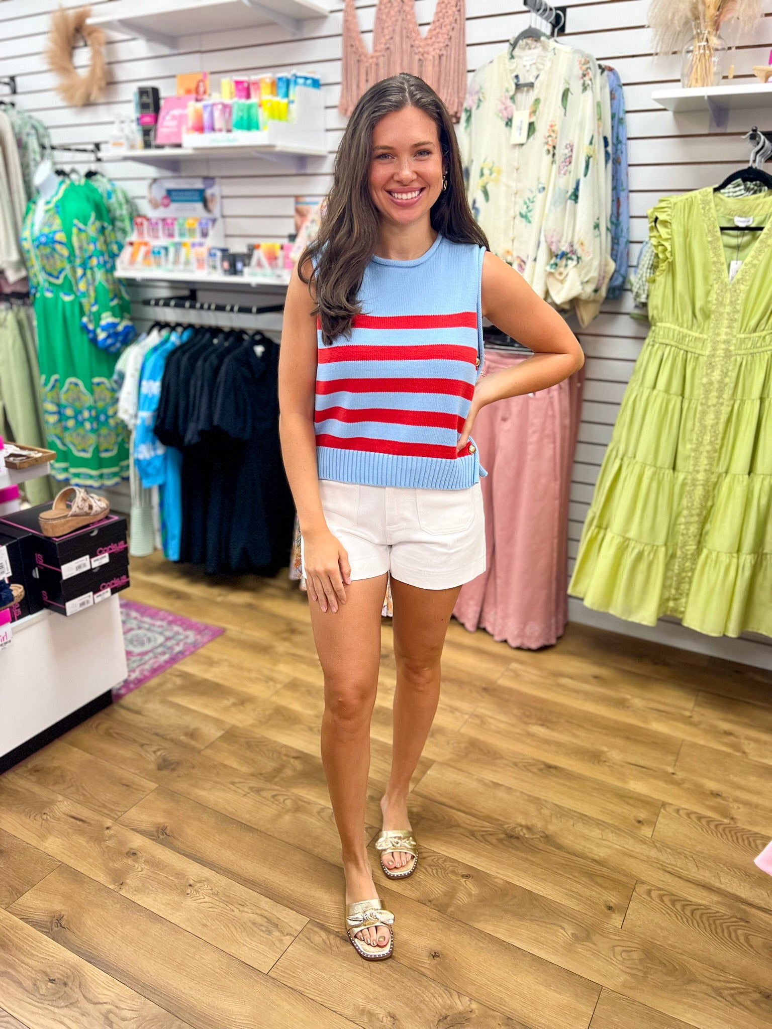 Blue and Red Striped Sleeveless Knit Top with Gold Buttons on Sides - A'Bekah's Boutique