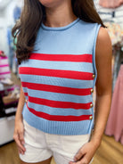 Blue and Red Striped Sleeveless Knit Top with Gold Buttons on Sides - A'Bekah's Boutique