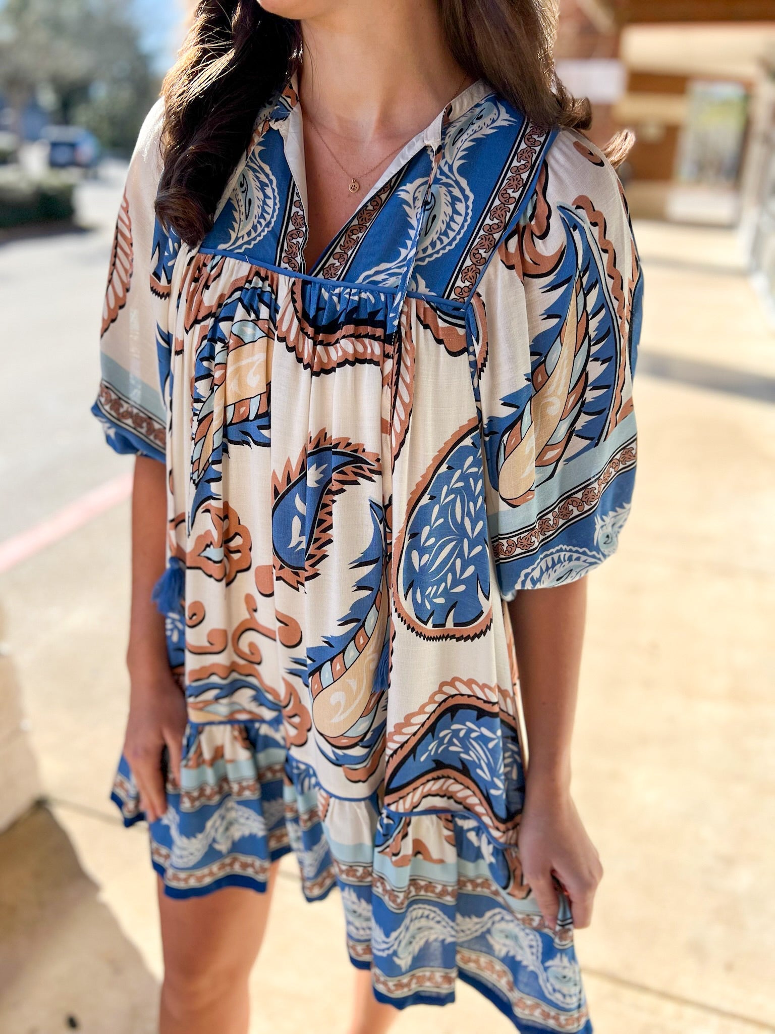 Blue Boho Paisley V - Neck Dress with 3/4 Length Sleeves - A'Bekah's Boutique