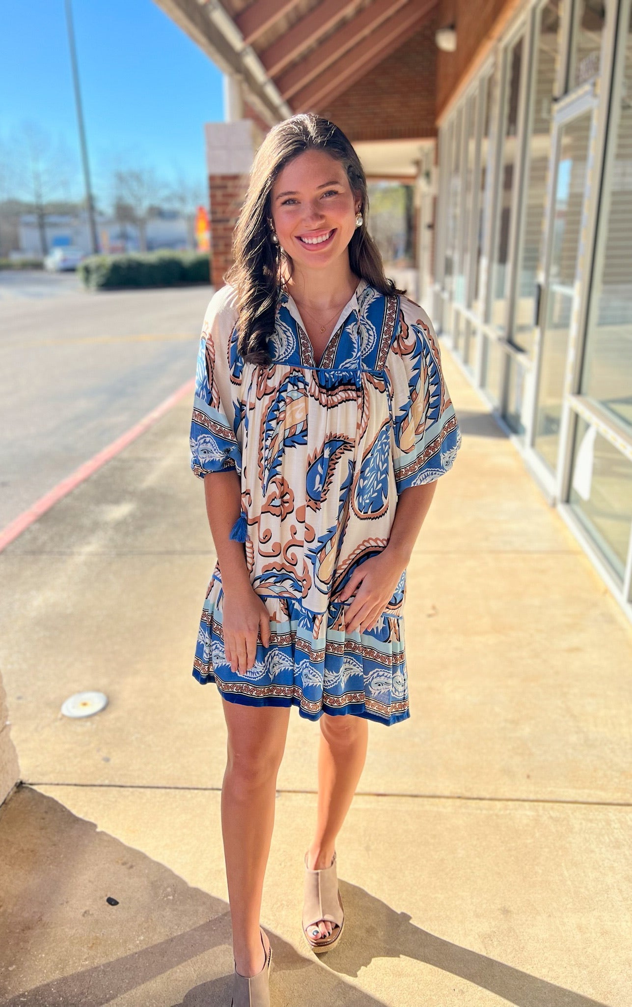 Blue Boho Paisley V - Neck Dress with 3/4 Length Sleeves - A'Bekah's Boutique