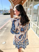 Blue Boho Paisley V - Neck Dress with 3/4 Length Sleeves - A'Bekah's Boutique