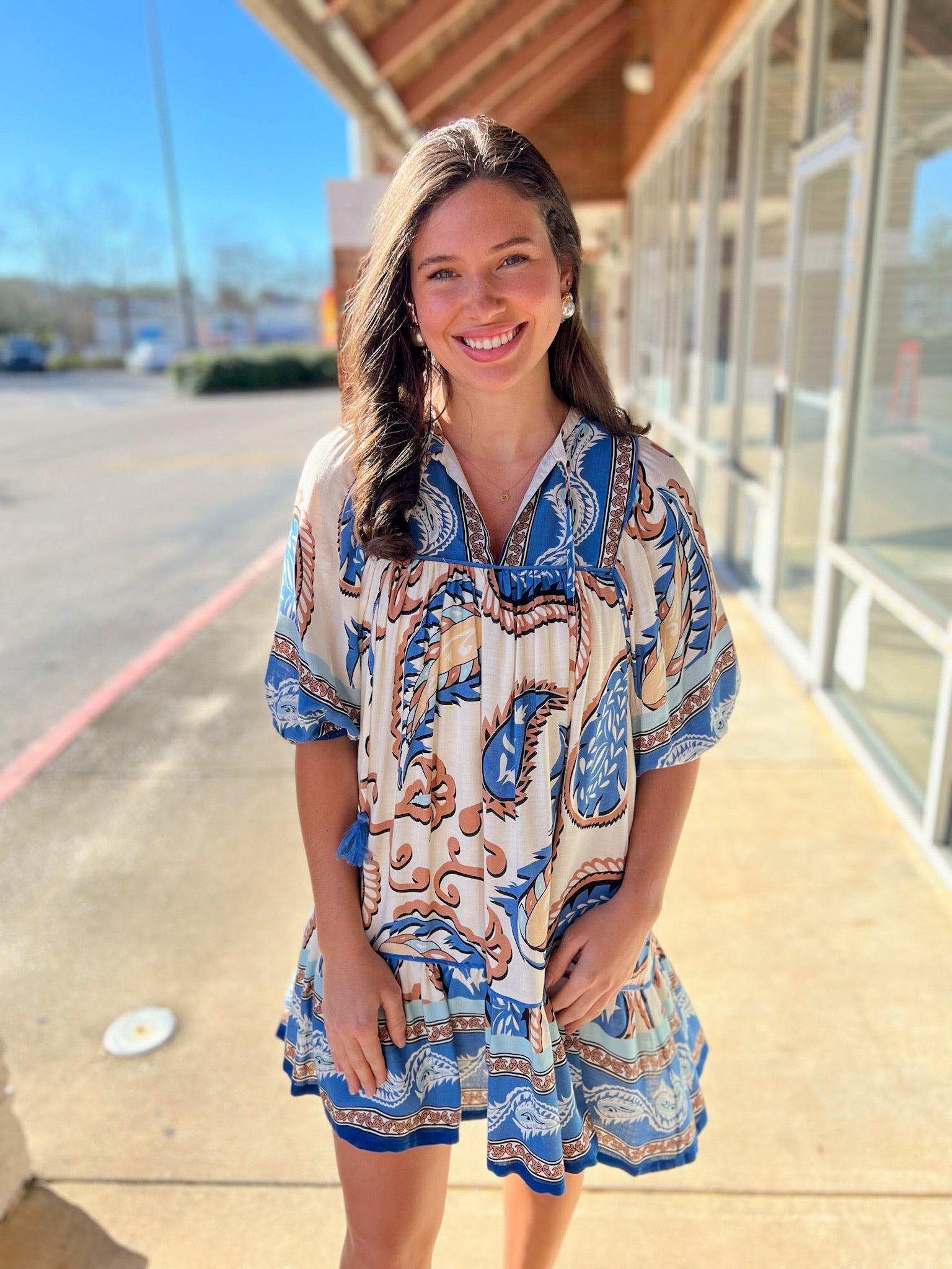 Blue Boho Paisley V - Neck Dress with 3/4 Length Sleeves - A'Bekah's Boutique