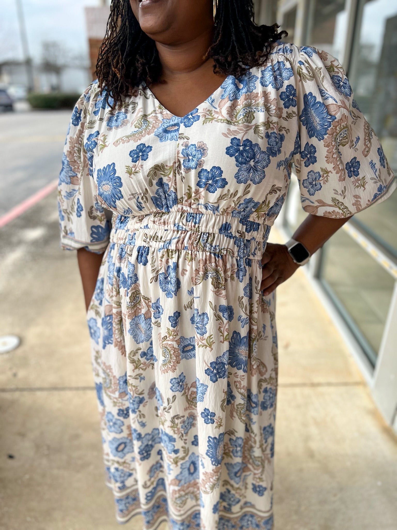Blue Border Print V - Neck 3/4 Sleeve Midi Dress (C) - A'Bekah's Boutique