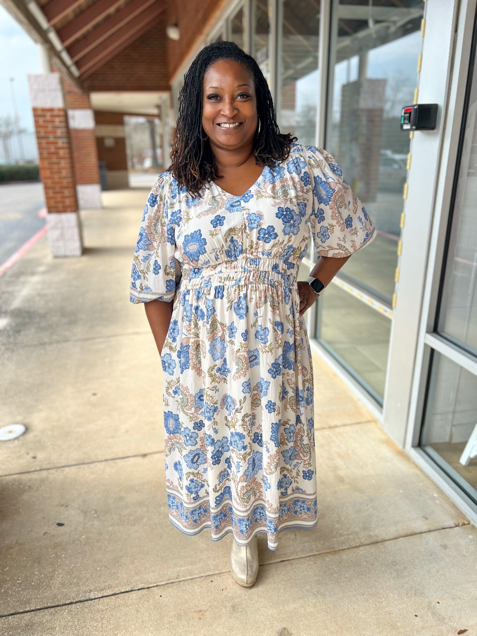 Blue Border Print V - Neck 3/4 Sleeve Midi Dress (C) - A'Bekah's Boutique