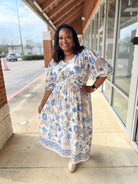 Blue Border Print V - Neck 3/4 Sleeve Midi Dress (C) - A'Bekah's Boutique