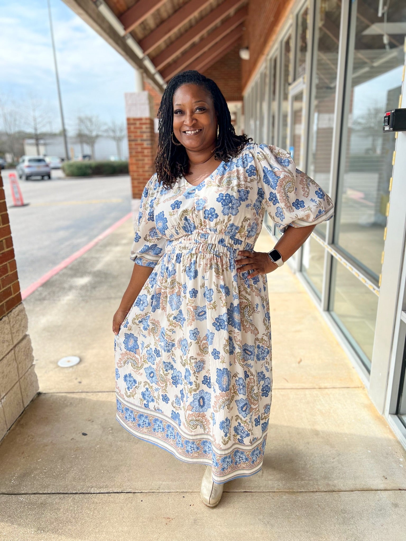 Blue Border Print V - Neck 3/4 Sleeve Midi Dress (C) - A'Bekah's Boutique