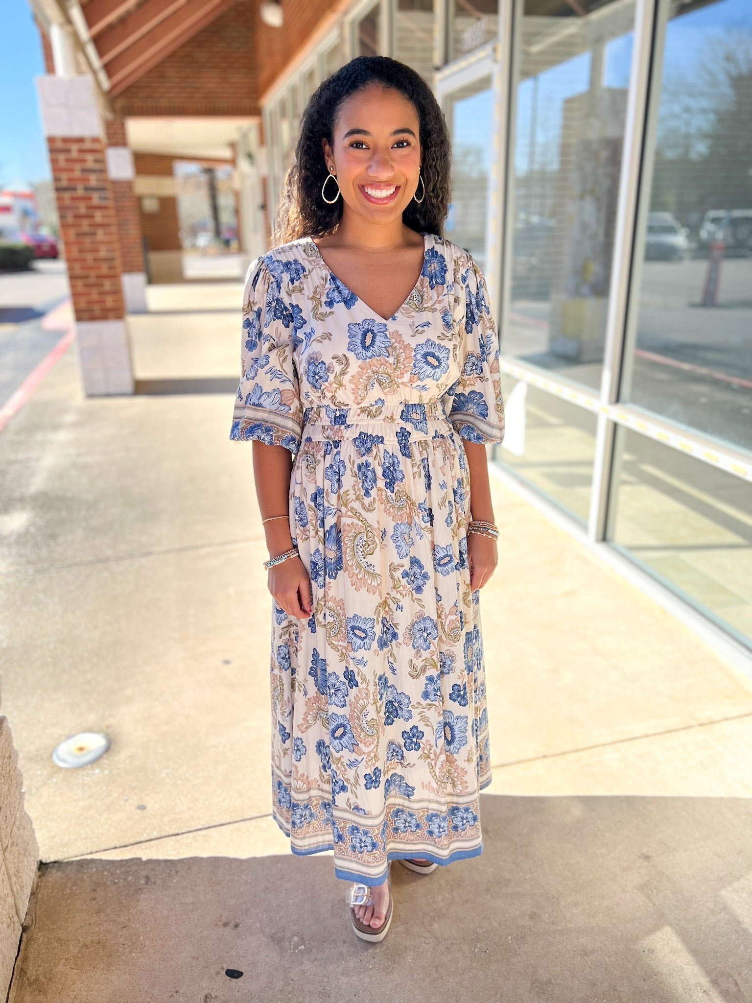 Blue Border Print V - Neck 3/4 Sleeve Midi Dress (R) - A'Bekah's Boutique