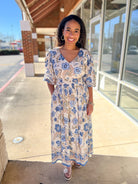 Blue Border Print V - Neck 3/4 Sleeve Midi Dress (R) - A'Bekah's Boutique