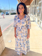 Blue Border Print V - Neck 3/4 Sleeve Midi Dress (R) - A'Bekah's Boutique