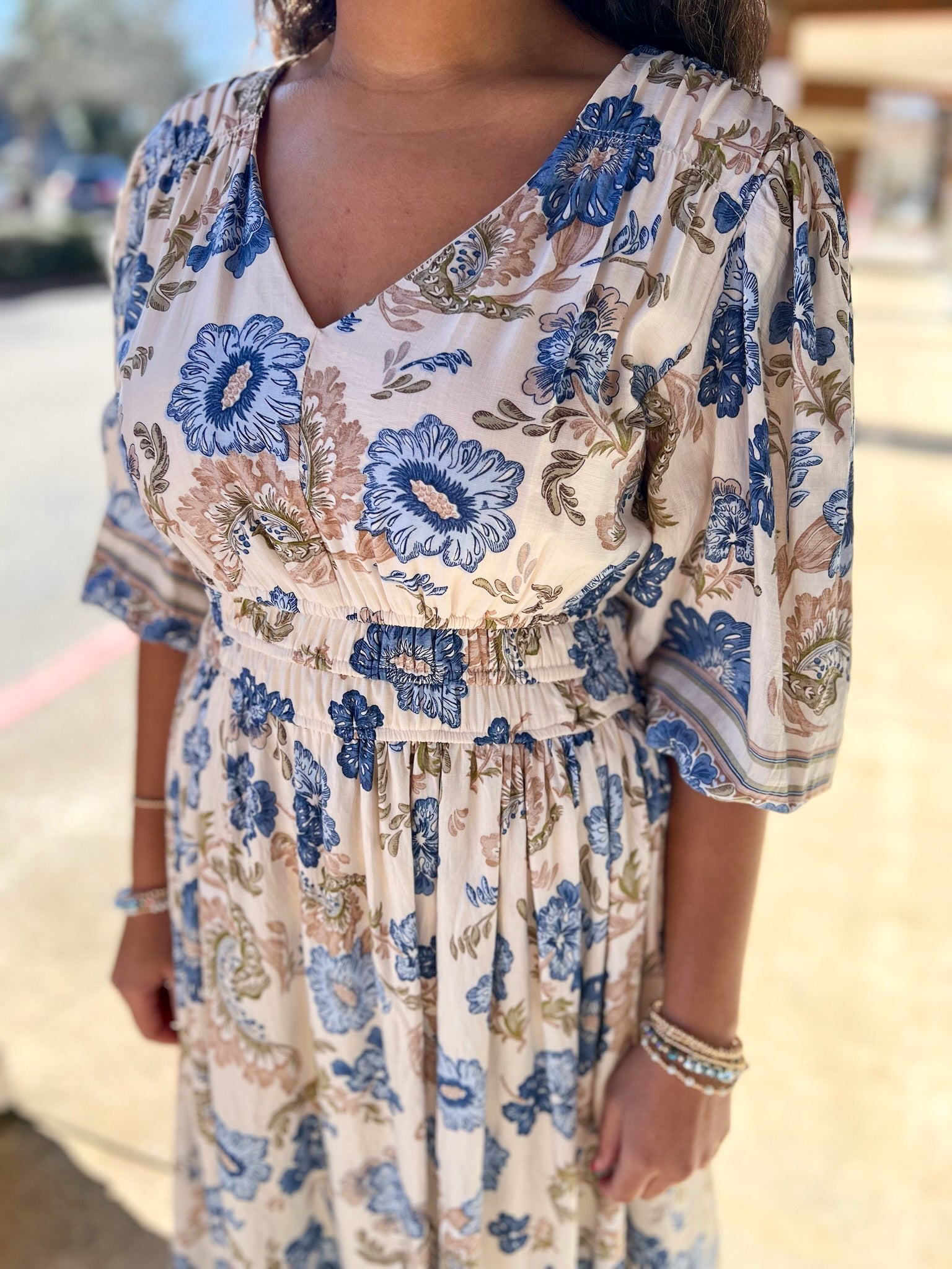 Blue Border Print V - Neck 3/4 Sleeve Midi Dress (R) - A'Bekah's Boutique