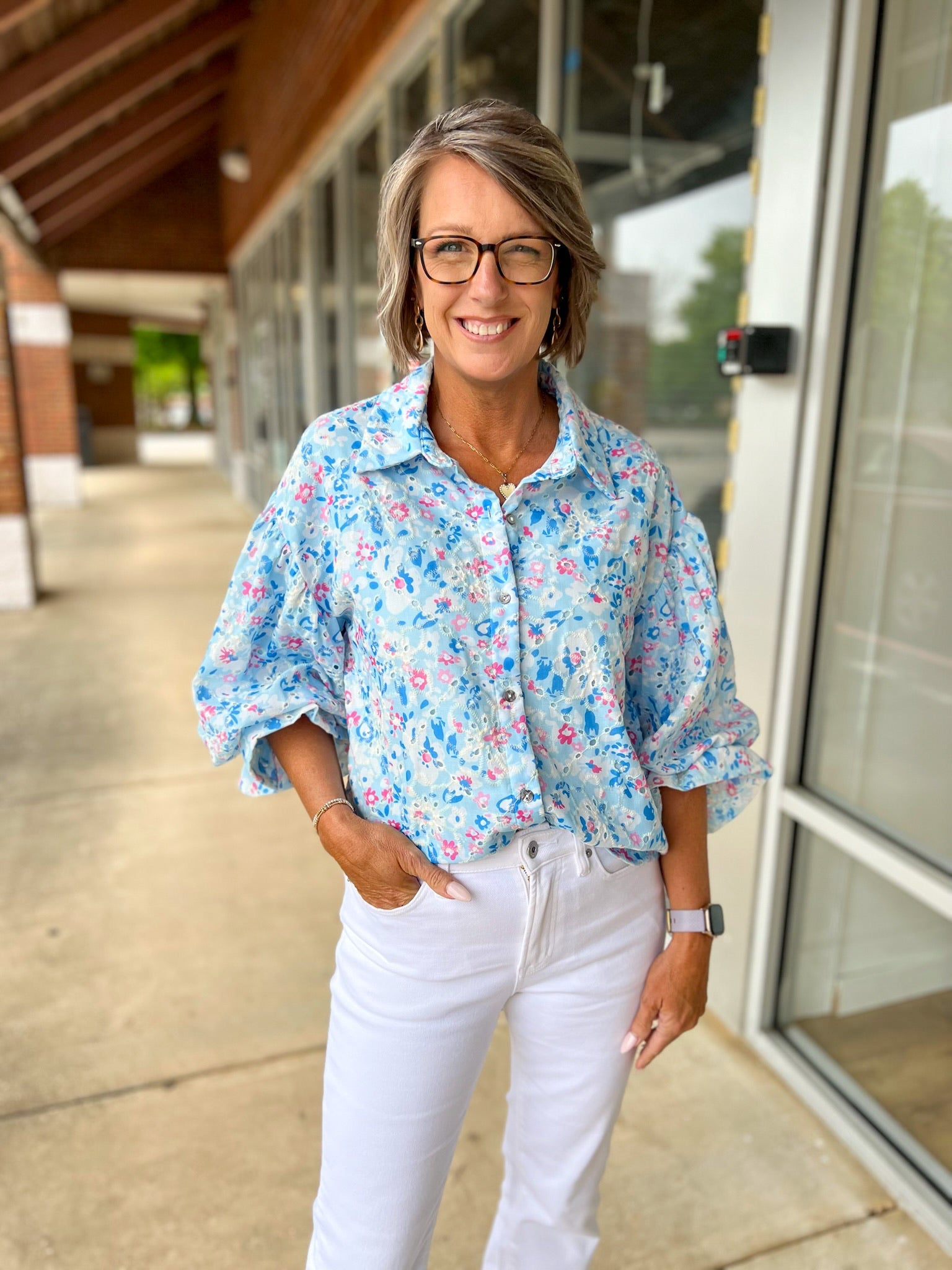 Blue Botanical Print Button Up Top with 3/4 Puff Sleeves - A'Bekah's Boutique